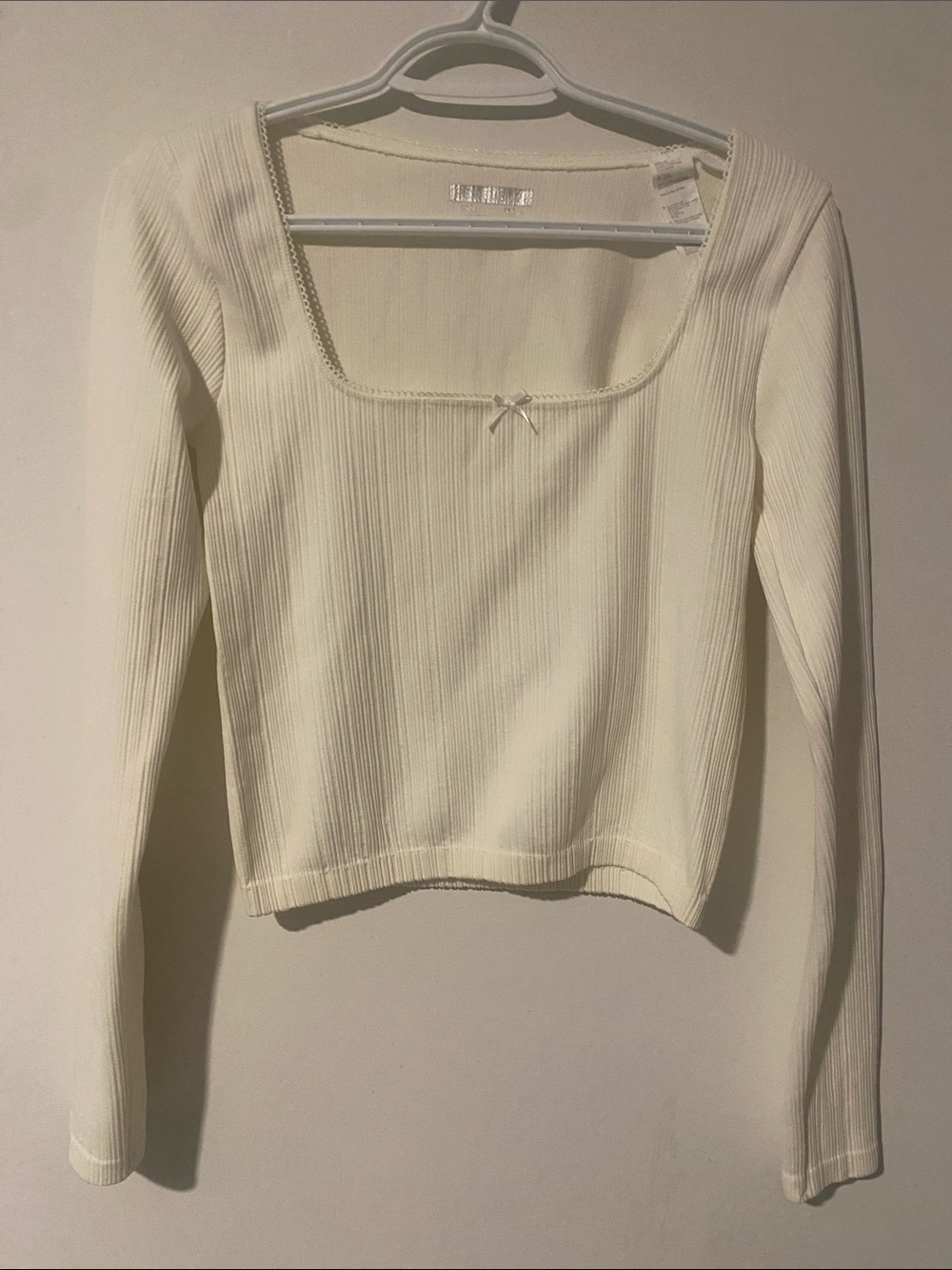 Forever 21 Cream Ribbed Square-Neck Long Sleeve Top with Bow